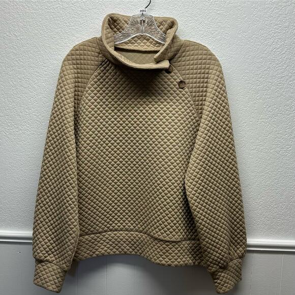 V582 Women’s 2 Way Button Up Cowl Neck or Collared Long Sleeve Sz M Tan Pullover - Picture 7 of 15